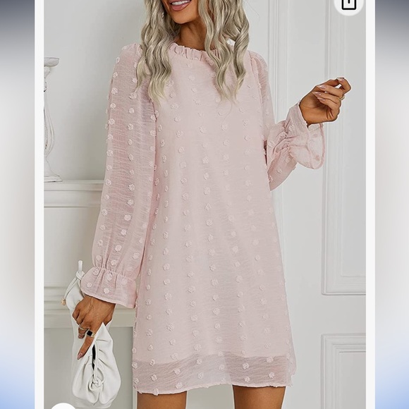 Women's Dress Long Sleeve Swiss Dot Mini Dresses Round Neck Loose Chiffon Short - Picture 7 of 8